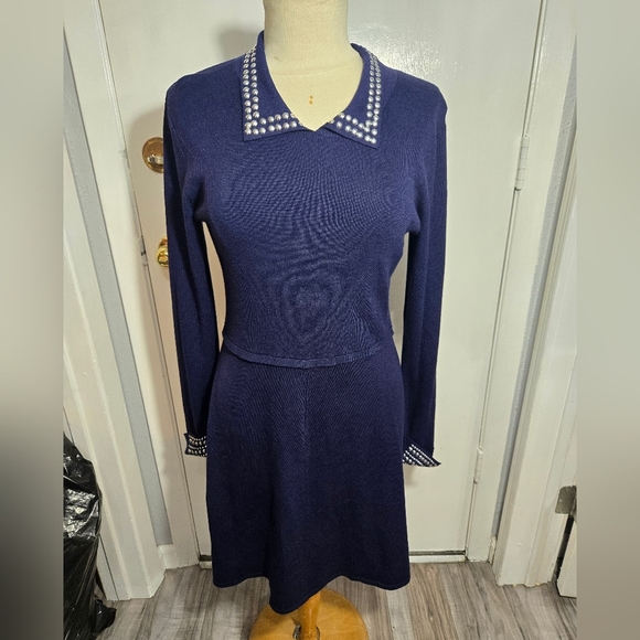 Rosie Harlow Blue Knit Long Sleeve Sweater Dress NWT Studded - Picture 6 of 13